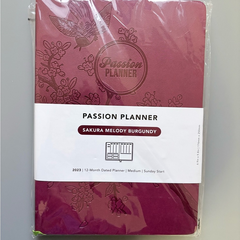 Passion Planner New 2023 12 Month Dated Planner Sakura Melody Burgundy